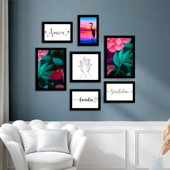 Kit 7 Placas Quadros Decorativos para sua Casa Sala quarto Folhas Coloridas Amor Família 60x70