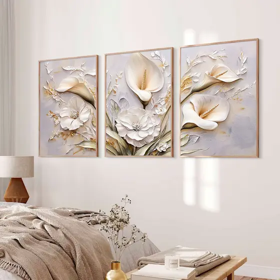 Kit 3 Quadros Decorativos Flores Douradas Sala Hall