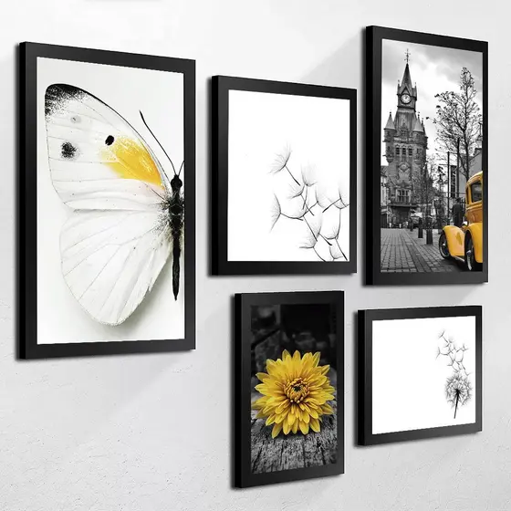 Kit 5 Placas Quadros Decorativos Borboleta Amarela