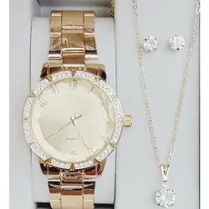 Relógio Feminino Dourado Com Colar e Brinco