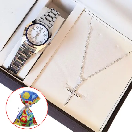 Relógio de Pulso Infantil Adulto Minimalista Aço Dourado Prata Analógico Menino e Menina + Corrente Cruz Folheado a Ouro