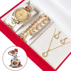 Relógio Feminino Dourado  + Colar Brincos Folheado Ouro + Pulseira Feminina com Caixa - Presente dia das Mães, Natal