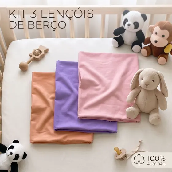 Kit 3 Lençol de Berço Padrão Americano 133x70cm Com Elástico Algodão