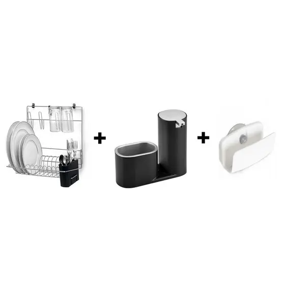 Kit Cozinha Escorredor Dobrável de Louças + Dispenser Porta Detergente e Bucha Detergente Robusto + Suporte Esponja Bucha P/ Pia