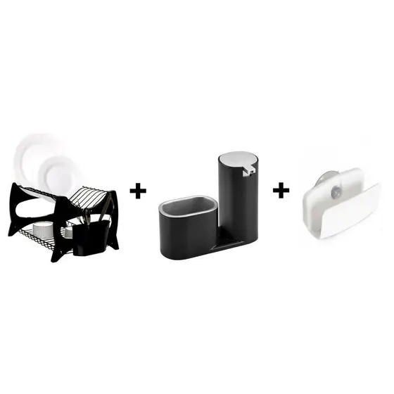 Escorredor De Louça Cozinha Prato Duplo Porta Talheres + Dispenser Porta Detergente e Bucha Detergente Robusto + Suporte Esponja Bucha P/ Pia