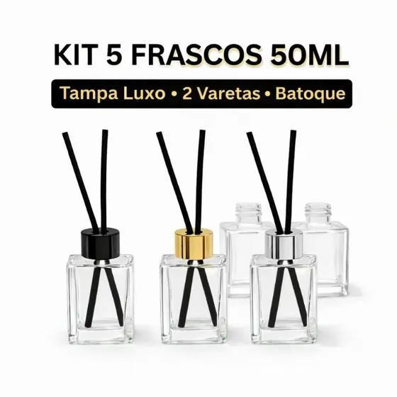 Kit 5 Frasco de Vidro para Difusor Aromatizador Cubo 50ml Tampa Luxo e Varetas - Lembrancinha