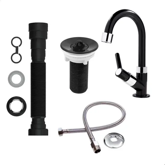 Kit Torneira para Lavatório/Banheiro Preto + Válvula + Sifão + Engate