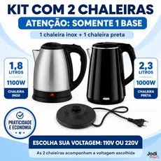 Kit com 2 Chaleiras Elétricas Pequenas Avarias Inox e Preta com 1 Base 1,8L e 2,3L 110V ou 220V