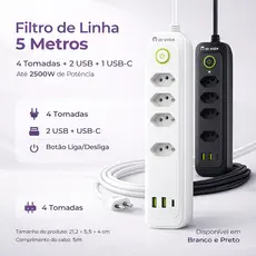 Filtro de Linha 4 Tomadas 2500W 2 USB + 1 USB-C Cabo 5 Metros Bivolt Padrão Brasileiro