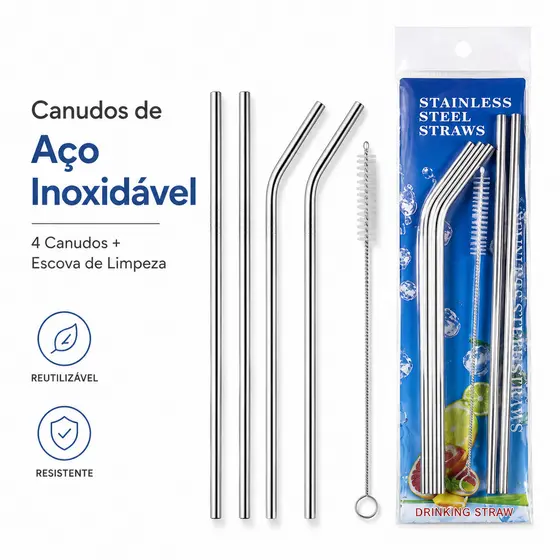 Kit 4 Canudos Inox Curvos Reutilizáveis com Escova de Limpeza Ecológicos Laváveis