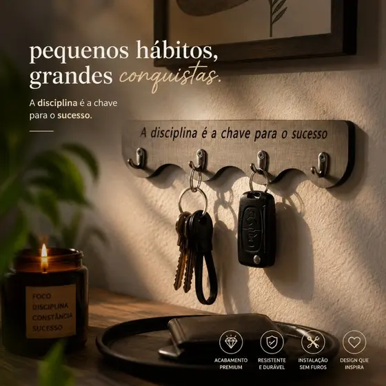 Porta Chaves MDF Frase Motivacional Disciplina é a Chave do Sucesso 4 Ganchos Organização Parede