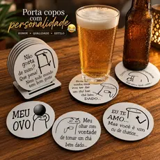 Porta Copos Flork Meme MDF Com Suporte Kit 6 Peças Descanso Copo Divertido UV Premium Okiitech