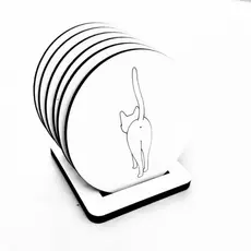 Kit Porta-Copos MDF Tema Gatos – 6 Unidades + Suporte – Frases Divertidas e Gravação a Laser
