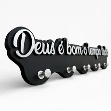 Porta-chaves em MDF com Frase “Deus é bom o tempo todo” | 5 Ganchos | Decoração de Parede