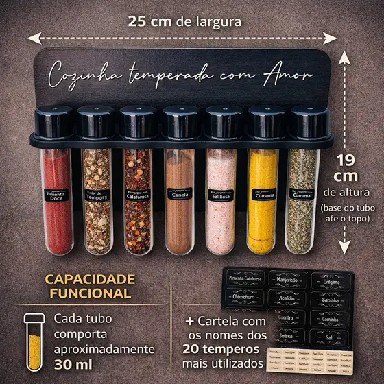 Porta tempero - Suporte para Temperos - Fixação na parede - Com 7 Tubetes