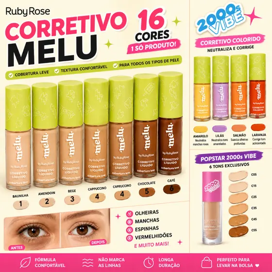 CORRETIVO LÍQUIDO MELU BY RUBY ROSE COBERTURA LEVE HB-8104 5ML