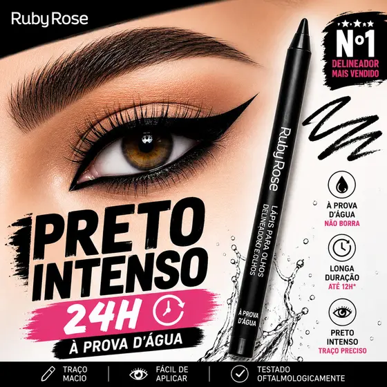 Delineador Preto Intenso Ruby Rose HB050 À Prova D'Água Longa Duração Carbon Black