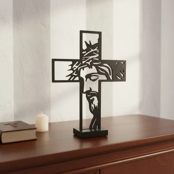 Cruz Jesus Cristo Decorativa Parede ou Mesa com Base Escultura Religiosa Minimalista