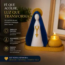 Kit Nossa Senhora Aparecida com Bandeja e Porta Vela LED Altar Católico Decorativo Religioso Presente de Fé Proteçao