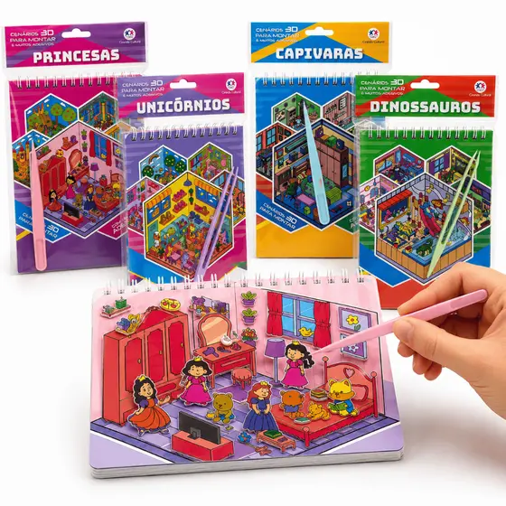 Livro Cenários 3D com Adesivos e Pinça Princesas Unicórnio Capivara Dinossauro Caderno Infantil DIY Scrapbook Brinquedo