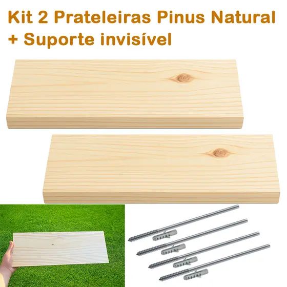 Prateleira de Madeira Pinus Natural 2 Unidades | Suporte Invisível | 10 a 18cm de Largura x 20 a 100cm de Comprimento