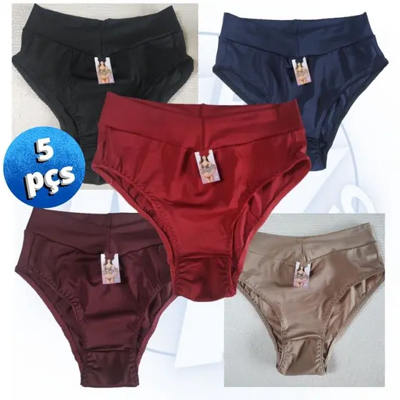 5 Calcinhas Plus Size Modeladora Cós Alto Duplo Lycra Reforçada