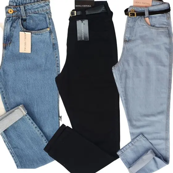 Mom Jeans Calça Cintura Super Alta Feminina Manchada Clara Escura