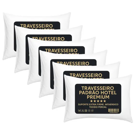 Kit 6 Travesseiro Padrão Hotel 300 Fios Antialérgico 70x50cm Premium Fibra Siliconada Descanso Luxo