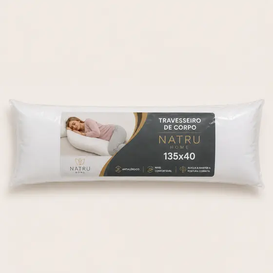 Travesseiro De Corpo Antialérgico Body Pillow Com Zíper 135x40cm Fronha 200 Fios Fibra Siliconada