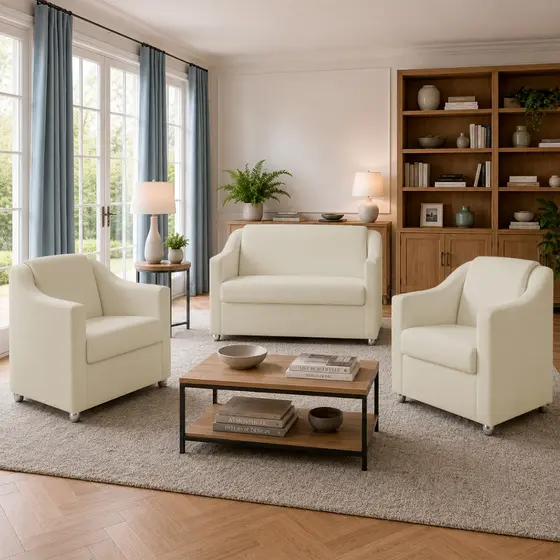 Kit Namoradeira e 2 Poltronas Decorativas Mila Tecido Corino Para Recepção, Consultório e Escritório