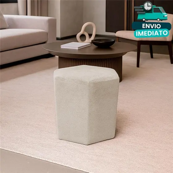 Puff Premium Para Sala Hexagonal Decorativo Penteadeira Quarto Closet Dav Tecido Boucle Bege