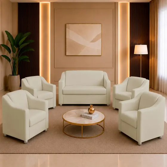 Kit Namoradeira e 4 Poltronas Decorativas Mila Tecido Corino Para Recepção, Consultório e Escritório