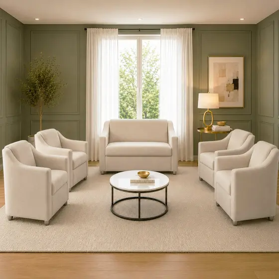 Kit Namoradeira e 4 Poltronas Decorativas Mila Tecido Suede Para Recepção Sala de Estar e Escritório
