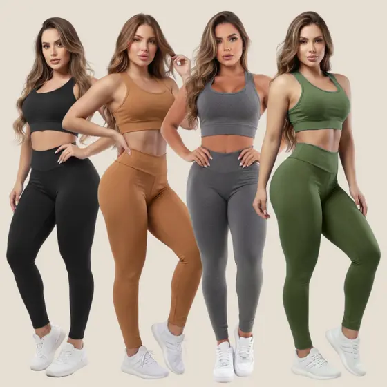 Kit 4 Conjuntos Calça Legging E Top Fitness Roupas Femininas Para Academia  Suplex A01