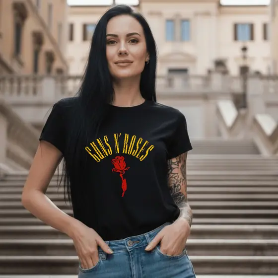 Camiseta Feminina Rock Guns N Roses 100% Algodão 30.1 Penteado Premium Baby Look