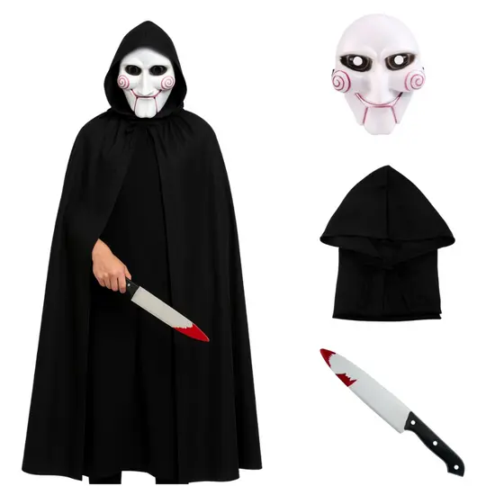 Fantasia Completa Jogos Mortais Terror Halloween Máscara Saw Preto