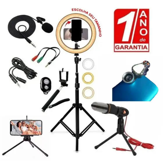 Kit Youtuber Microfone De Lapela + Mini Ring Light Recarregável + Mini Tripé
