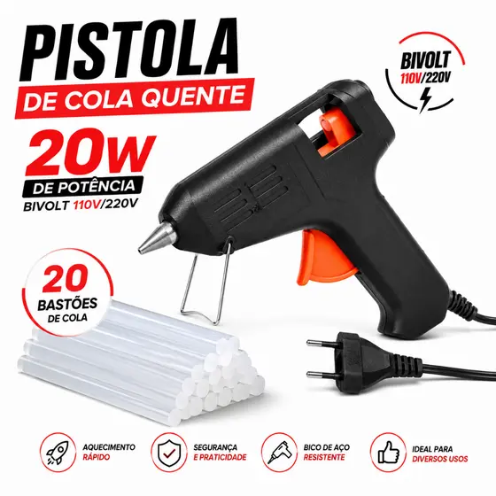 Pistola de Cola Quente Pequena 20W (Bivolt 110V/220V) – Bico de Ferro + 20 Bastões de Cola
