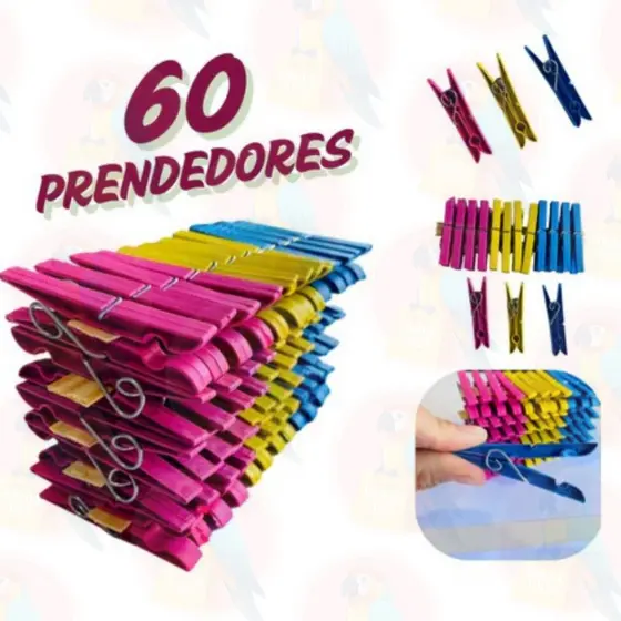 Kit com 60 / 48 / 36 / 24 / 12 Pregadores de Roupa em Plástico Reforçado - Cores Sortidas