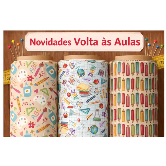 Tecido Tricolione Escolar - Estampa ABC INFATIL - Lapis de colori caderno matetmatica Volta às Aulas