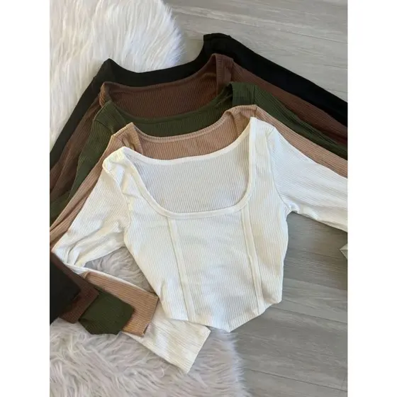 cropped feminino corselet manga longa em ribana moda inverno
