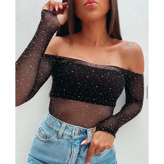 body feminino em tule arrastão brilho strass festa balada