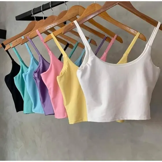 kit 2 cropped alça fina suplex liso básico forro duplo moda verão