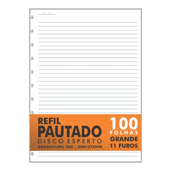 Refil Genérico Pautado Compatível Caderno Discos e Modelo Inteligente 100 Folhas Grande 11 Furos 90g