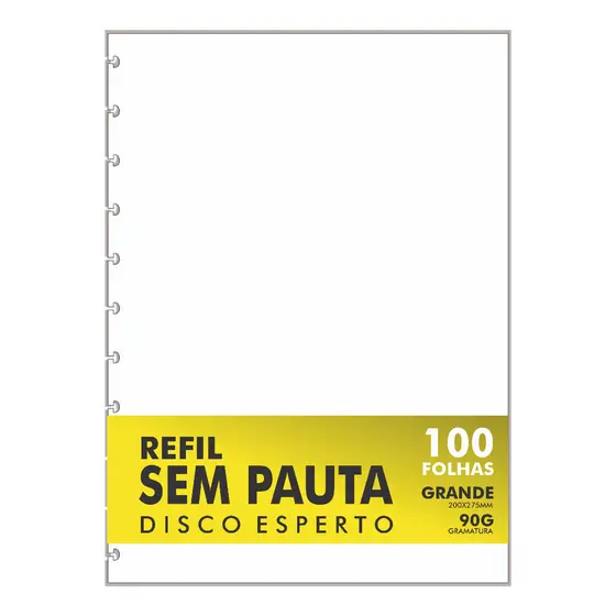 Refil Genérico em Branco, Sem Pauta Compatível Caderno de Disco Grande e Inteligente 11 Furos 90g