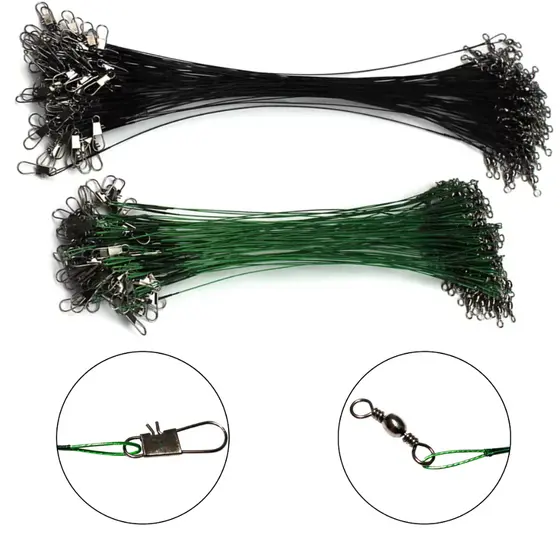 Kit Chicote Castor Cabo de Aço15, 20, 25, 30cm Com Girador e Snap Encastoado Leader Arame de Aço