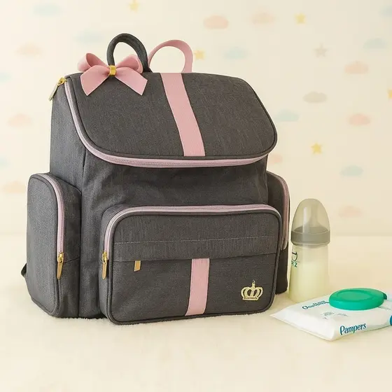 Mochila Bebe Maternidade G Rosê Laço Linho Luxo