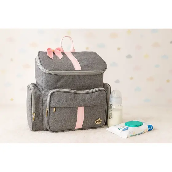 Mochila Bebe Maternidade G Luxo Cinza/Rosa Linho Laco