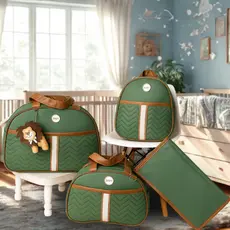 Kit Bolsa Bebê Maternidade 4 Peças Bordado Safári Verde Luxo