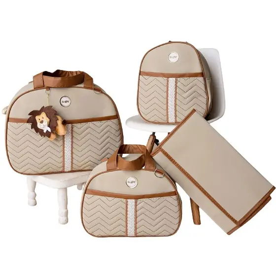 Kit Bolsa Bebê Maternidade 4 Peças Bordado Safári Luxo na cor Bege